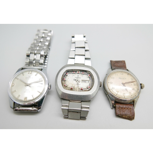 876 - Three gentleman's automatic wristwatches, Helvetia, Dimier and Consul lacking glass