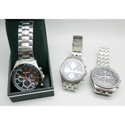 882 - Three wristwatches, Citizen Eco-Drive WR100, Sekonda and one other