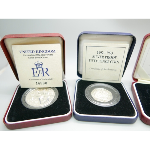 900 - Four cased silver proof coins including Queen Elizabeth The Queen Mother 90th Birthday silver proof ... 