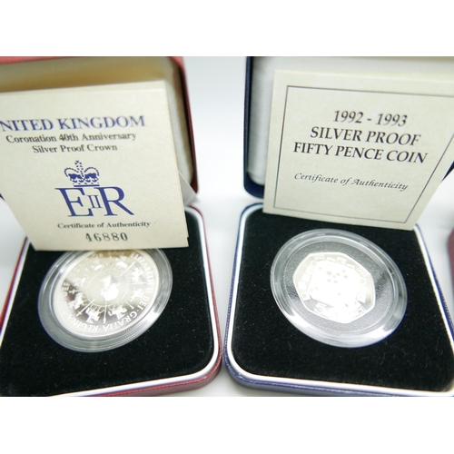 900 - Four cased silver proof coins including Queen Elizabeth The Queen Mother 90th Birthday silver proof ... 