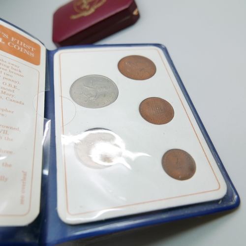 908 - A collection of five coin sets, a Britains First Decimal Coins pack and two proof crowns