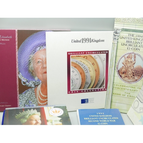 926 - A collection of coin sets including UK 1991 and 1992, Queen Elizabeth The Queen Mother, 1993 UK proo... 