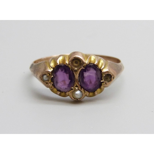 935 - A 9ct gold, amethyst and seed pearl ring, 1.2g, L, lacking two pearls