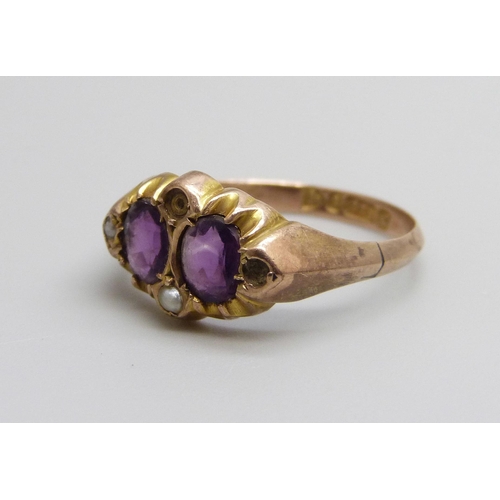 935 - A 9ct gold, amethyst and seed pearl ring, 1.2g, L, lacking two pearls