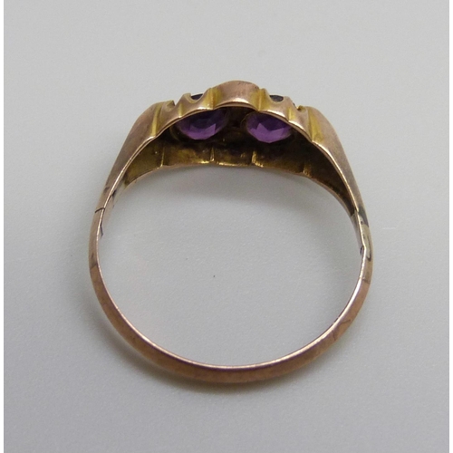 935 - A 9ct gold, amethyst and seed pearl ring, 1.2g, L, lacking two pearls