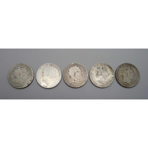 942 - Five George III silver crowns; 4x 1819 and one other, date worn, 136.6g