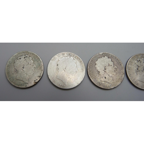 942 - Five George III silver crowns; 4x 1819 and one other, date worn, 136.6g