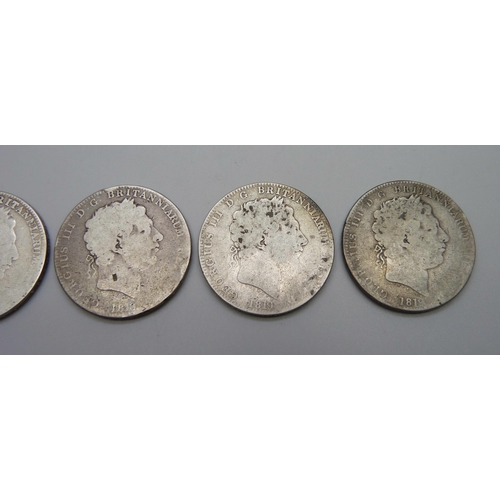 942 - Five George III silver crowns; 4x 1819 and one other, date worn, 136.6g