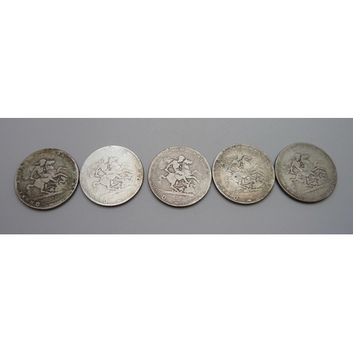 942 - Five George III silver crowns; 4x 1819 and one other, date worn, 136.6g