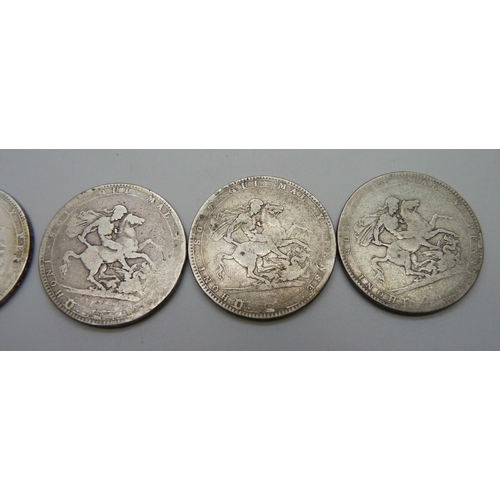 942 - Five George III silver crowns; 4x 1819 and one other, date worn, 136.6g