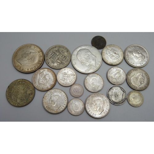 944 - A collection of 1920 to 1946 half-silver coins including a 1937 crown, three half-crowns, three two ... 