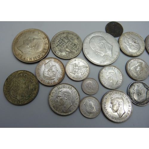 944 - A collection of 1920 to 1946 half-silver coins including a 1937 crown, three half-crowns, three two ... 