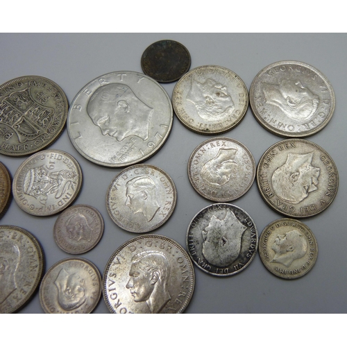 944 - A collection of 1920 to 1946 half-silver coins including a 1937 crown, three half-crowns, three two ... 