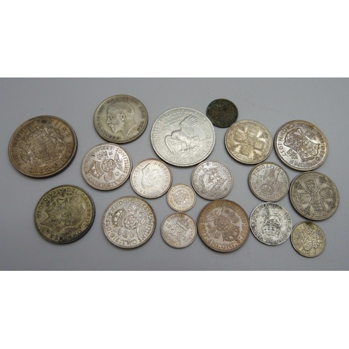 944 - A collection of 1920 to 1946 half-silver coins including a 1937 crown, three half-crowns, three two ... 