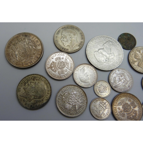 944 - A collection of 1920 to 1946 half-silver coins including a 1937 crown, three half-crowns, three two ... 