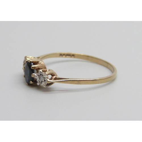 948 - A 9ct gold, diamond and sapphire ring, 1.0g, M