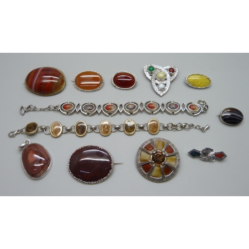 958 - Nine brooches including agate set and two silver mounted, a silver mounted pendant, a Miracle bracel... 