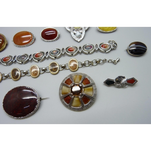 958 - Nine brooches including agate set and two silver mounted, a silver mounted pendant, a Miracle bracel... 