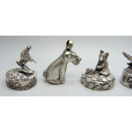 967 - A 925 silver dog rattle, four pill boxes including one mounted with a model fox, also a small novelt... 