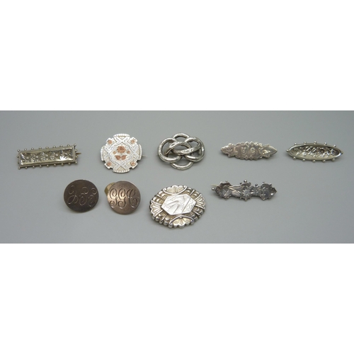 968 - Four hallmarked Victorian silver brooches, three other brooches and a pair of hallmarked silver butt... 