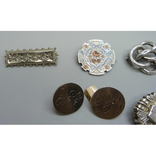 968 - Four hallmarked Victorian silver brooches, three other brooches and a pair of hallmarked silver butt... 