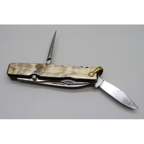 976 - A multi-blade/tool pocket knife with horn handle, 'made in France'