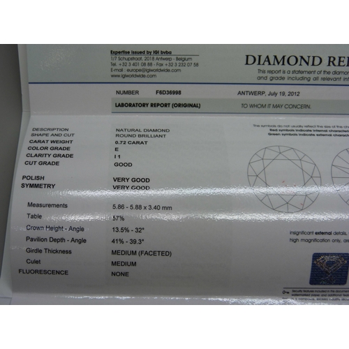 978 - A handmade platinum and diamond ring, full documentation and GIA diamond certification, 0.72ct weigh... 