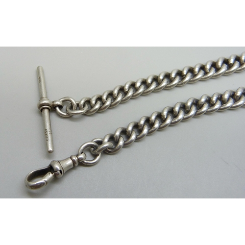 990 - A silver graduated curb link Albert watch chain, each link marked, 66g, 30cm