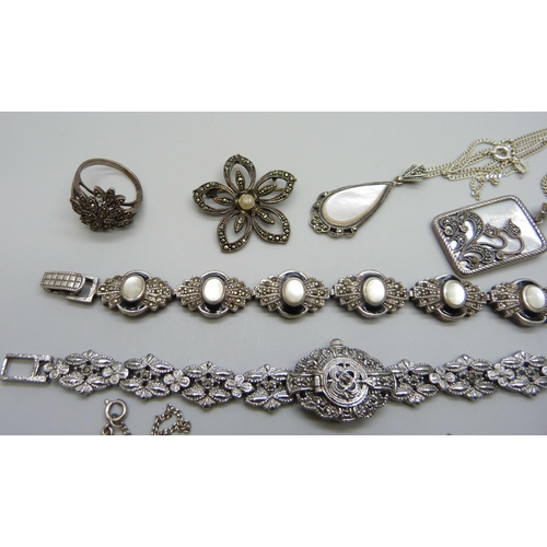 991 - Silver jewellery including a silver bracelet, three silver chains, two pairs of silver earrings, a s... 