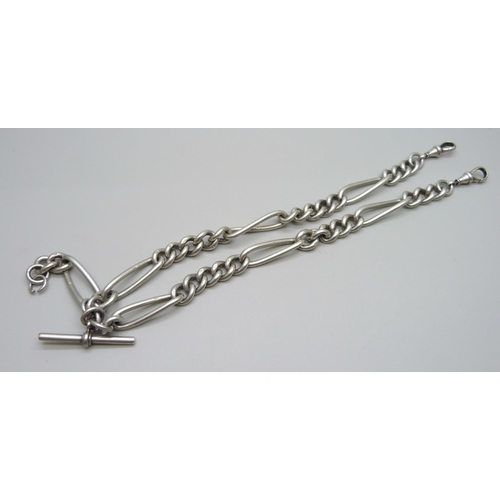 994 - A heavy silver double Albert watch chain, each link marked, clips and T-bar marked Birmingham 1901, ... 