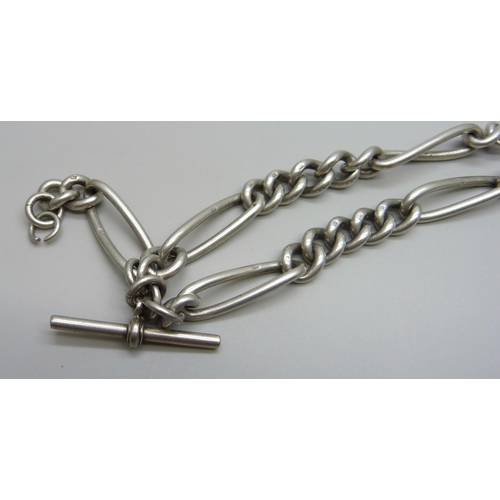 994 - A heavy silver double Albert watch chain, each link marked, clips and T-bar marked Birmingham 1901, ... 