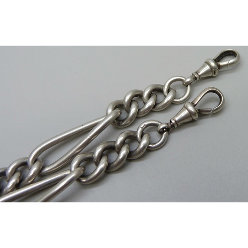 994 - A heavy silver double Albert watch chain, each link marked, clips and T-bar marked Birmingham 1901, ... 