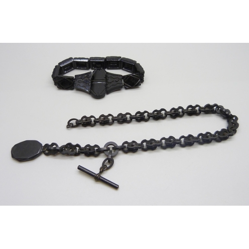 995 - A Victorian carved jet watch chain and a French jet bracelet