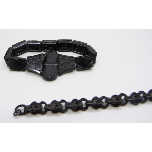 995 - A Victorian carved jet watch chain and a French jet bracelet