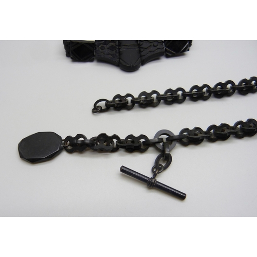 995 - A Victorian carved jet watch chain and a French jet bracelet