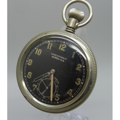 996 - A German Buren A.G. Uhrenfabrik military pocket watch, also marked A. Lunser Berlin, the movement ma... 