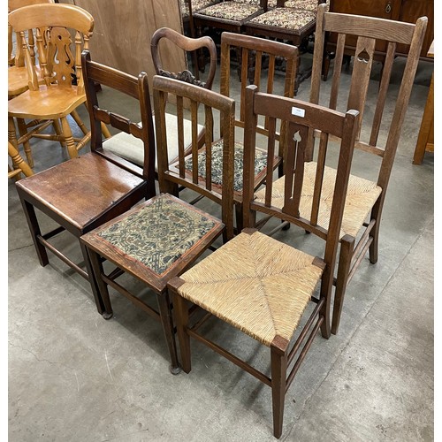 208 - Two oak Arts & Crafts rush seated dining chairs and four other assorted chairs