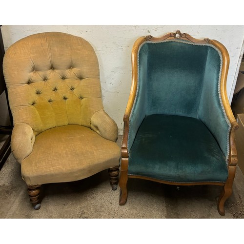 215 - An early 20th Century French fruitwood and fabric upholstered armchair and a Victorian chair