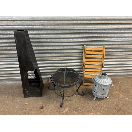 5174A - 2 fire pits, small burning dustbin and a wooden plant stand