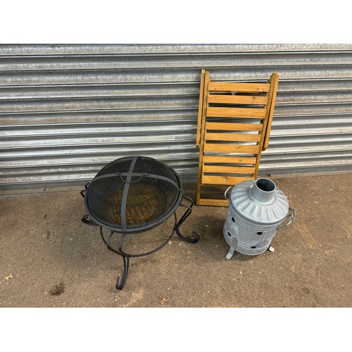 5174A - 2 fire pits, small burning dustbin and a wooden plant stand