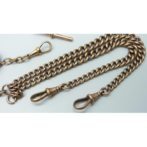 7020 - A 9ct gold double Albert watch chain, each link marked, 52.5g, 41cm, an additional 9ct gold T-bar, 3... 