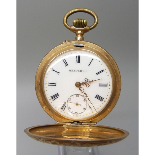 7022 - A 14ct gold cased full hunter pocket watch with engraved floral design, the dial signed Hesperus