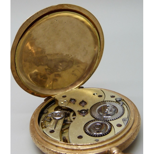 7022 - A 14ct gold cased full hunter pocket watch with engraved floral design, the dial signed Hesperus