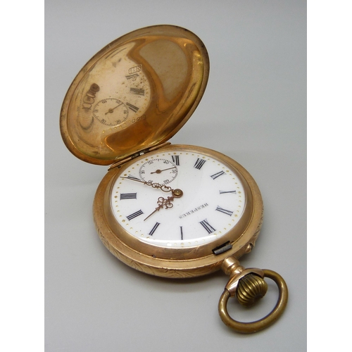 7022 - A 14ct gold cased full hunter pocket watch with engraved floral design, the dial signed Hesperus