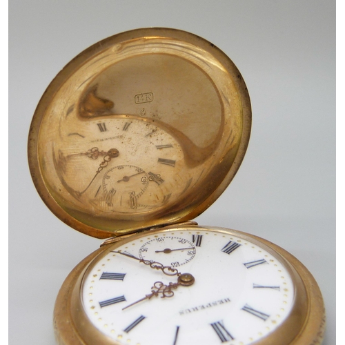 7022 - A 14ct gold cased full hunter pocket watch with engraved floral design, the dial signed Hesperus