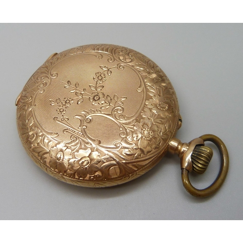 7022 - A 14ct gold cased full hunter pocket watch with engraved floral design, the dial signed Hesperus