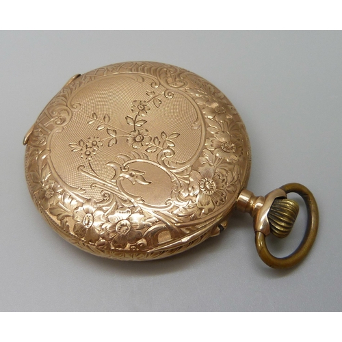 7022 - A 14ct gold cased full hunter pocket watch with engraved floral design, the dial signed Hesperus