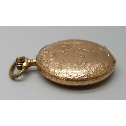 7022 - A 14ct gold cased full hunter pocket watch with engraved floral design, the dial signed Hesperus