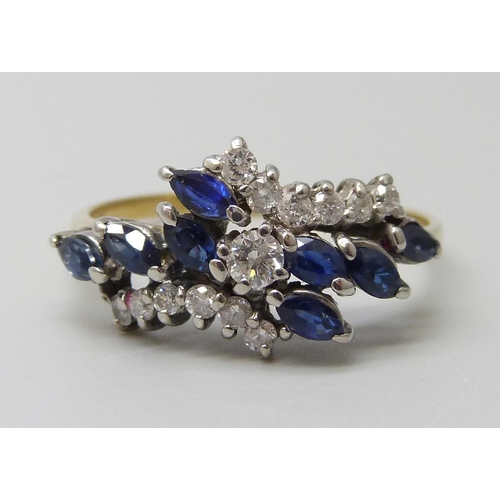 7023 - A vintage gold, sapphire and diamond cluster ring,  hallmarks worn but crown visible, 2.6g, R