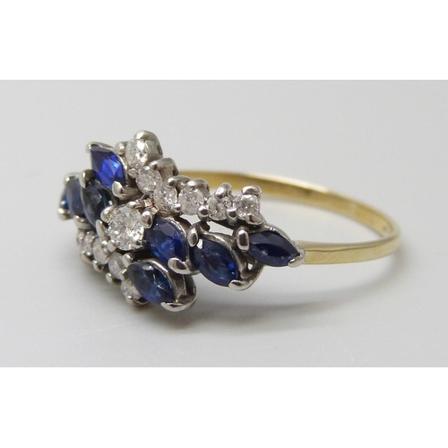 7023 - A vintage gold, sapphire and diamond cluster ring,  hallmarks worn but crown visible, 2.6g, R